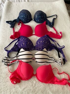 Victoria's Secret Navy Star, Hot Pink, Purple Lace & Black-White Stripe Bra Set